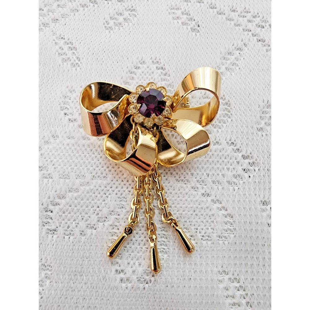 Vintage Mid Century Brooch 50s Costume Retro Glam Gold Tone Rhinestone February